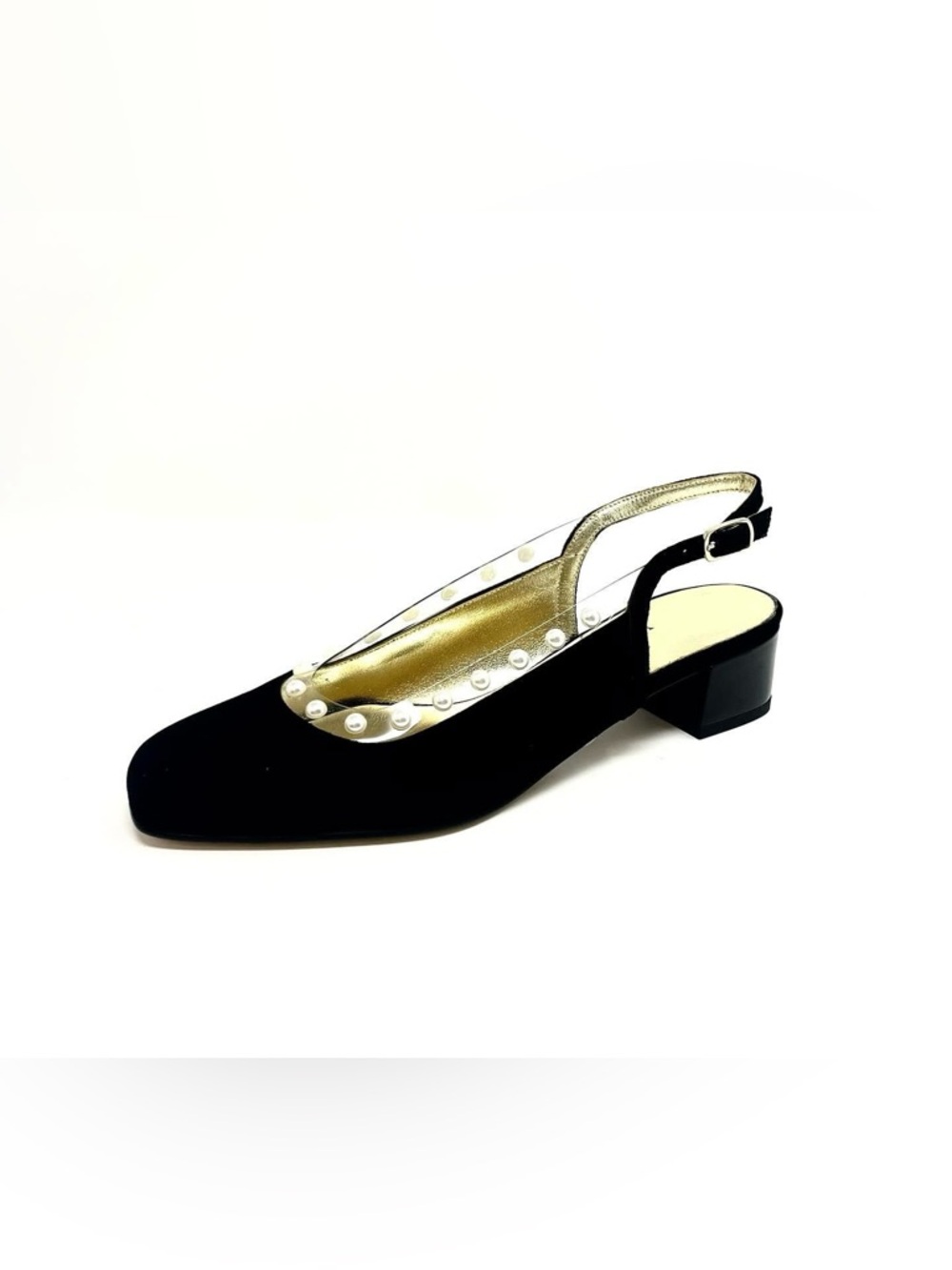New Azurée Cannes Black Suede Slingback Block Heel w/ Faux Pearls, U.S Size 7.5